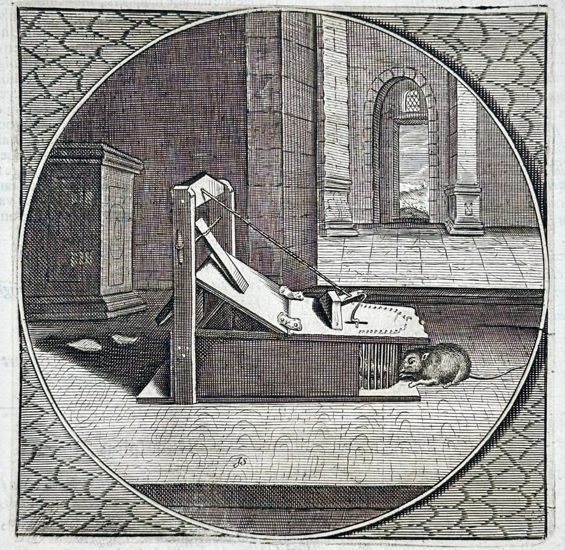 Jacob Cats – Mechanical Mouse Trap Emblem – Engraving from Sinnelijcke Werken (1655): This emblematic engraving from Jacob Cats’s Sinnelijcke Werken portrays a mechanical mouse trap situated within a domestic architectural setting. Rendered with intricate linework and enclosed in a c