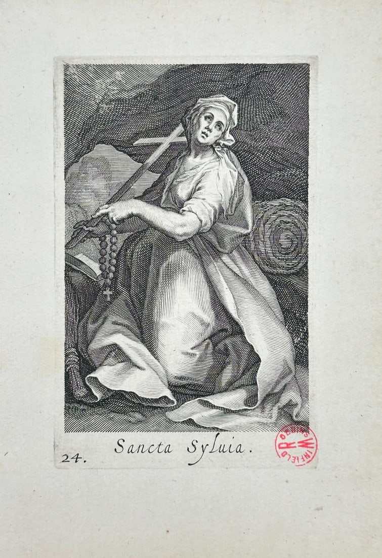 Boetius Adams Bolswert (c.1580–1633) – Sancta Sylvia – Engraving (1619): This original engraving by Boetius Adams Bolswert depicts Saint Sylvia, mother of Pope Gregory the Great, in a devotional posture holding a rosary and a large cross. Dressed in modest garments with a
