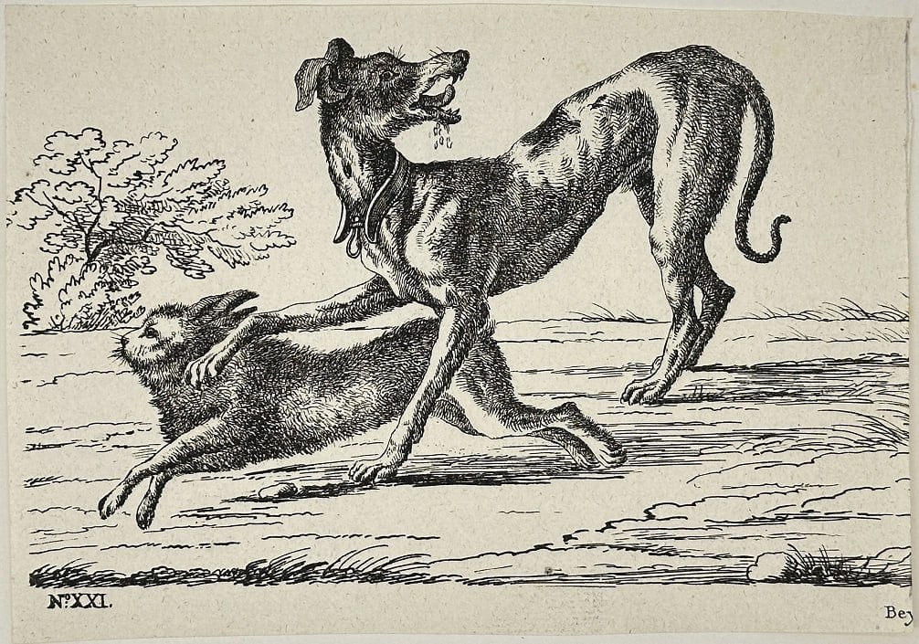 Bernard Picart – Hunting Scene with Greyhound and Hare – Engraving (18th Century) (1 of 4)