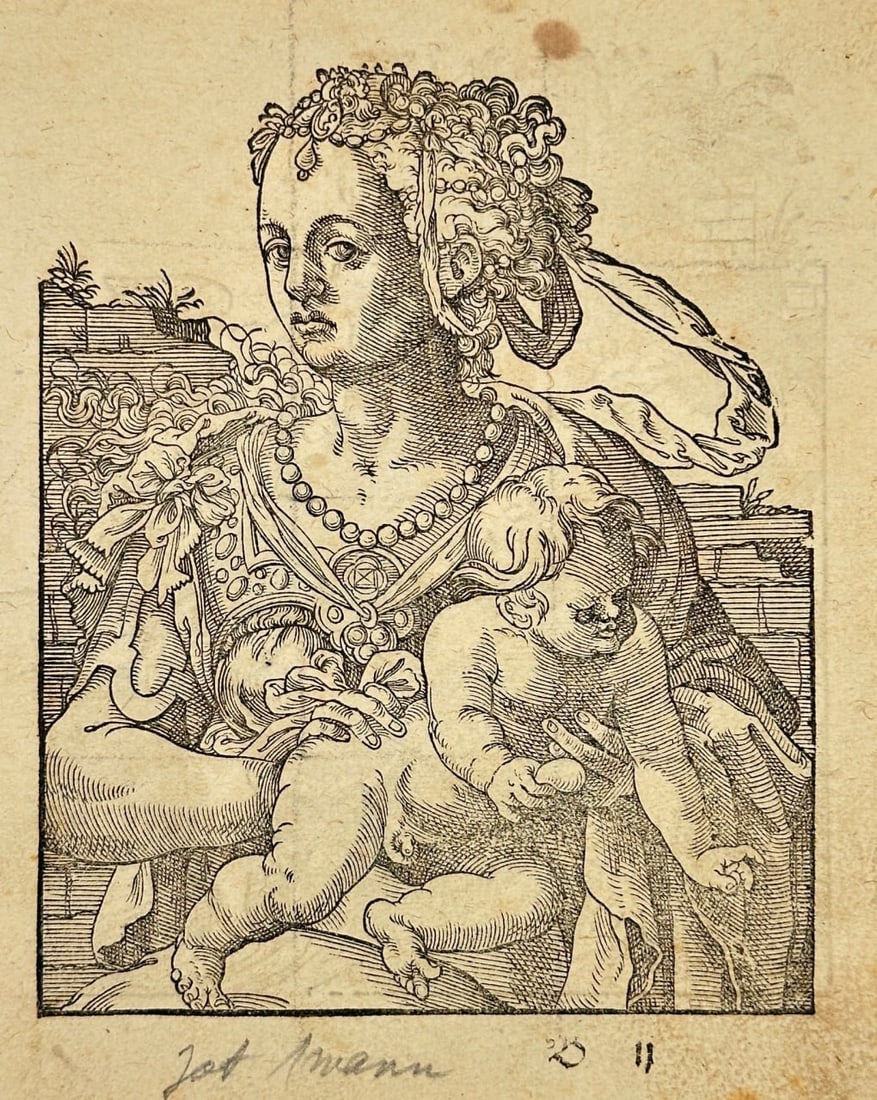 Jost Amman – Allegorical Portrait of a Woman with Child – Woodcut (1599) (1 of 3)