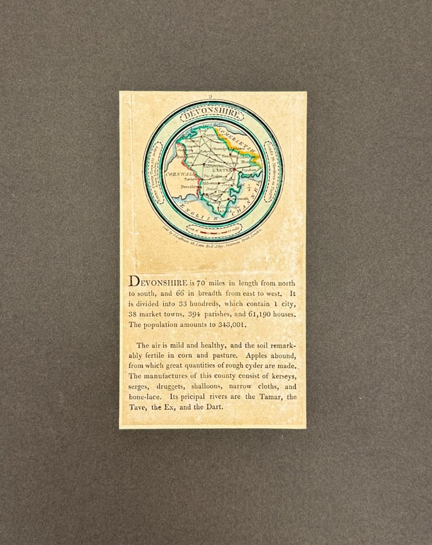 John Thomson – Map of Devonshire – Hand-Coloured Engraving from A New Atlas: This beautifully hand-coloured circular map of Devonshire is taken from John Thomson's A New General Atlas, first published in 1817. The map is framed by a decorative border with detailed geographic l