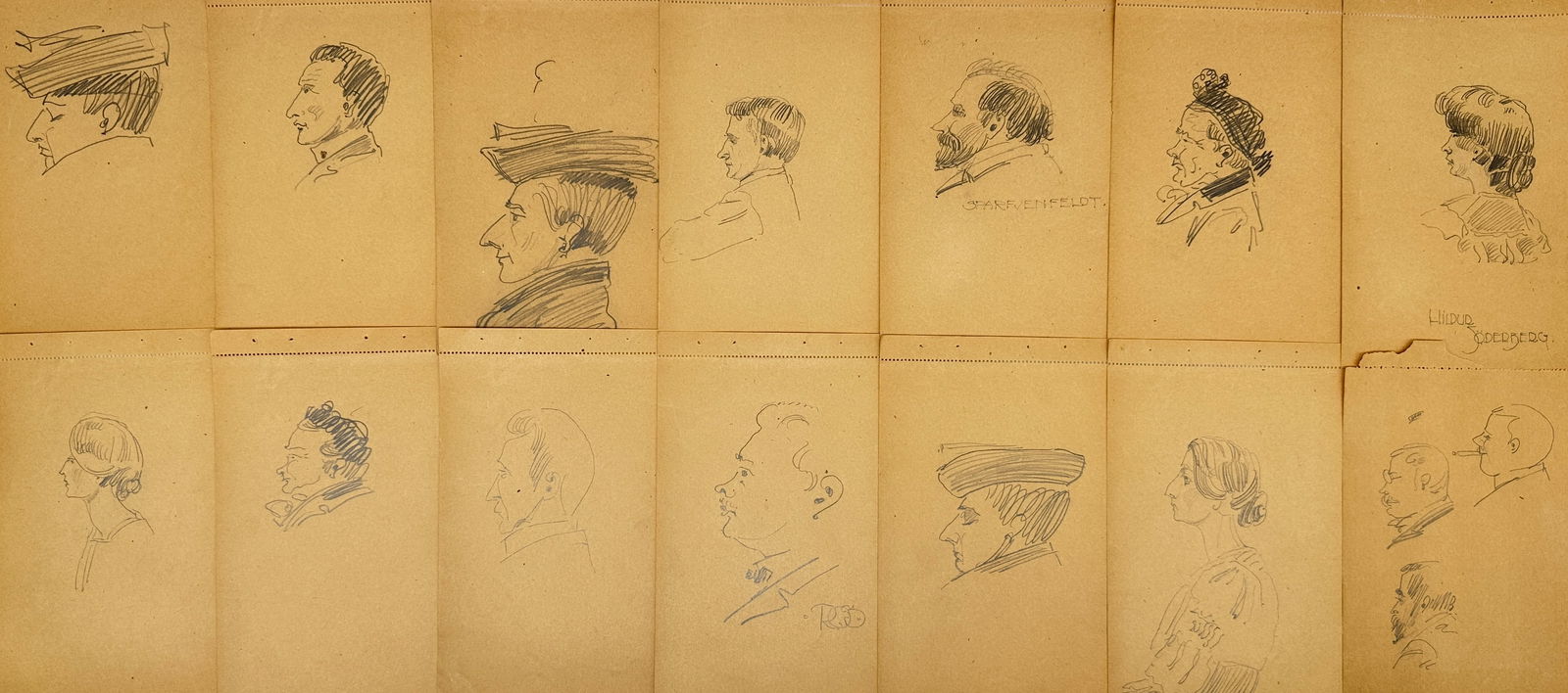 Unknown Artist – Set of 14 Portrait Sketches – Pencil Profile Studies of Men and Women (1 of 3)