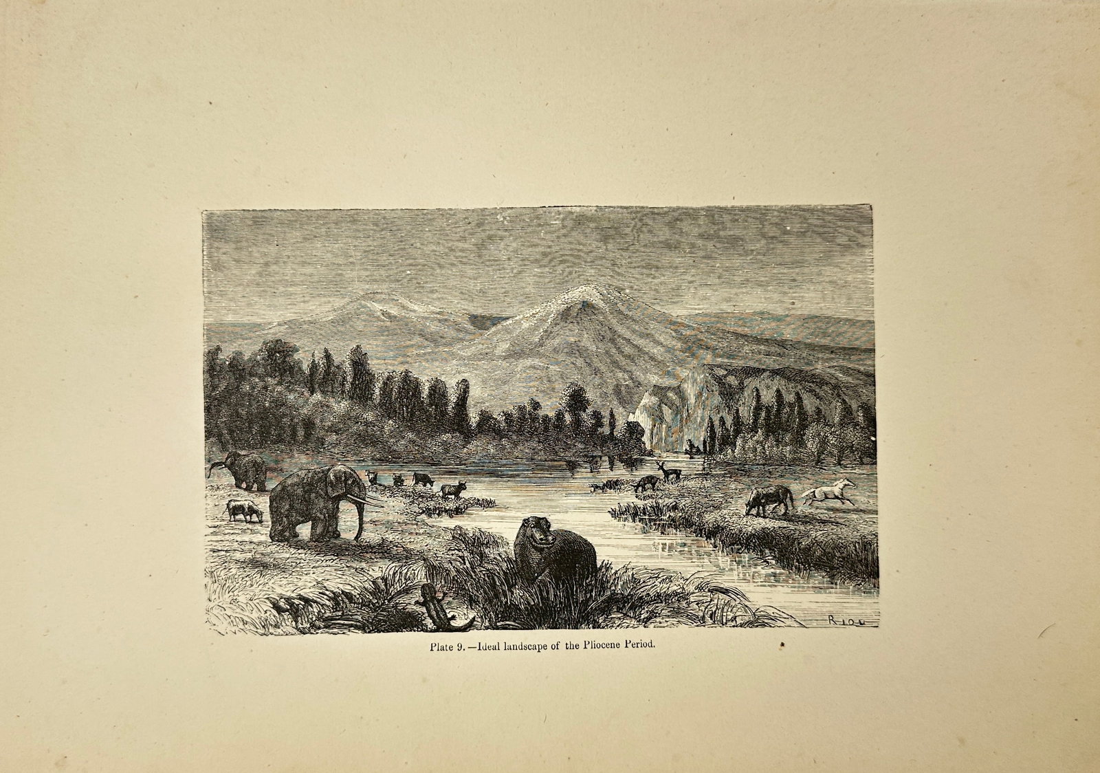 Édouard Riou – Geological Print – Plate 9 Ideal Landscape of the Upper Oolitic Period: This illustration, Plate 9 from The World Before the Deluge, depicts an imaginative reconstruction of the Pliocene epoch. The landscape features a wide river valley with grazing prehistoric mammals su