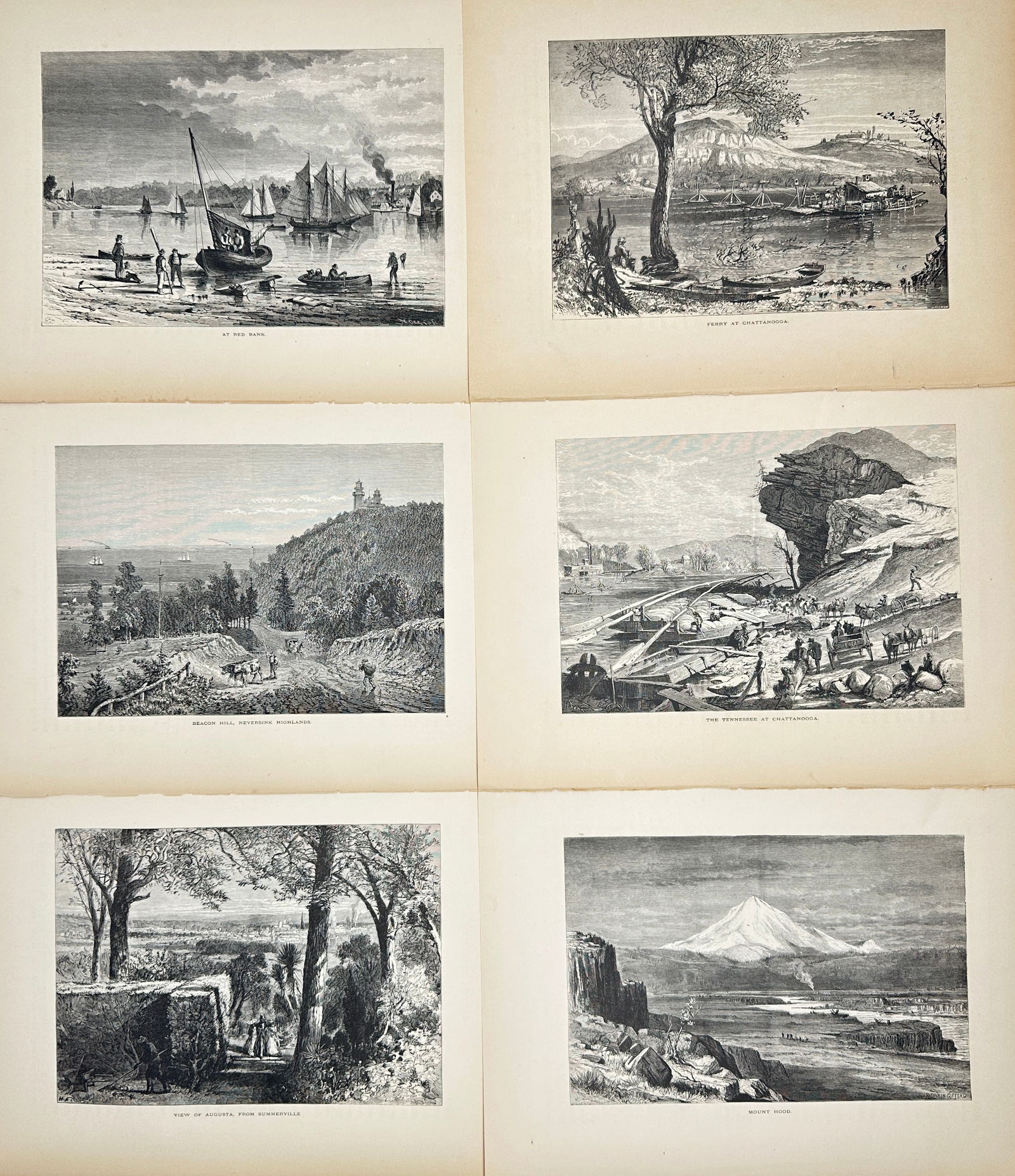 William Cullen Bryant – Set of 6 Engravings – Views of Hudson, Chattanooga, Mount Hood (1 of 2)
