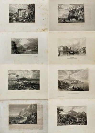 Joseph Meyer (1796–1856) – Set of 8 Antique Prints – Monastery Naples, Catania & Mount Etna (1 of 9)
