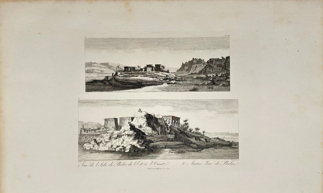 Dominique Vivant Denon (1747–1825) – Vue de Bolo de Thitie et Vue de Photoes – Engraving: This antique engraving titled 1. Nue'de Bolo de Thitie de Vest à Ounst, 2. Autre Vue de Photoes is from Dominique Vivant Denon’s Voyage dans la Basse et la Haute Égypte, pendant les campagnes de B