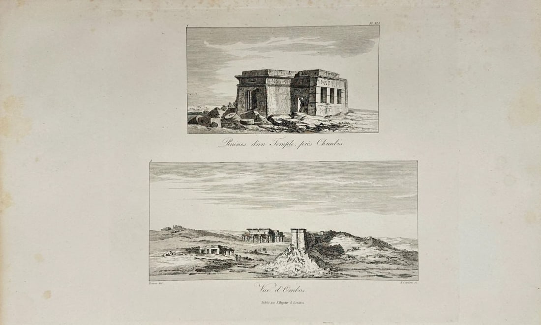 Dominique Vivant Denon (1747–1825) – Vue d’un Temple pour Chauber – Engraving: This antique engraving titled Themes don Temple poor Chauber is from Dominique Vivant Denon’s Voyage dans la Basse et la Haute Égypte, pendant les campagnes de Bonaparte (Journey in Lower and Upper