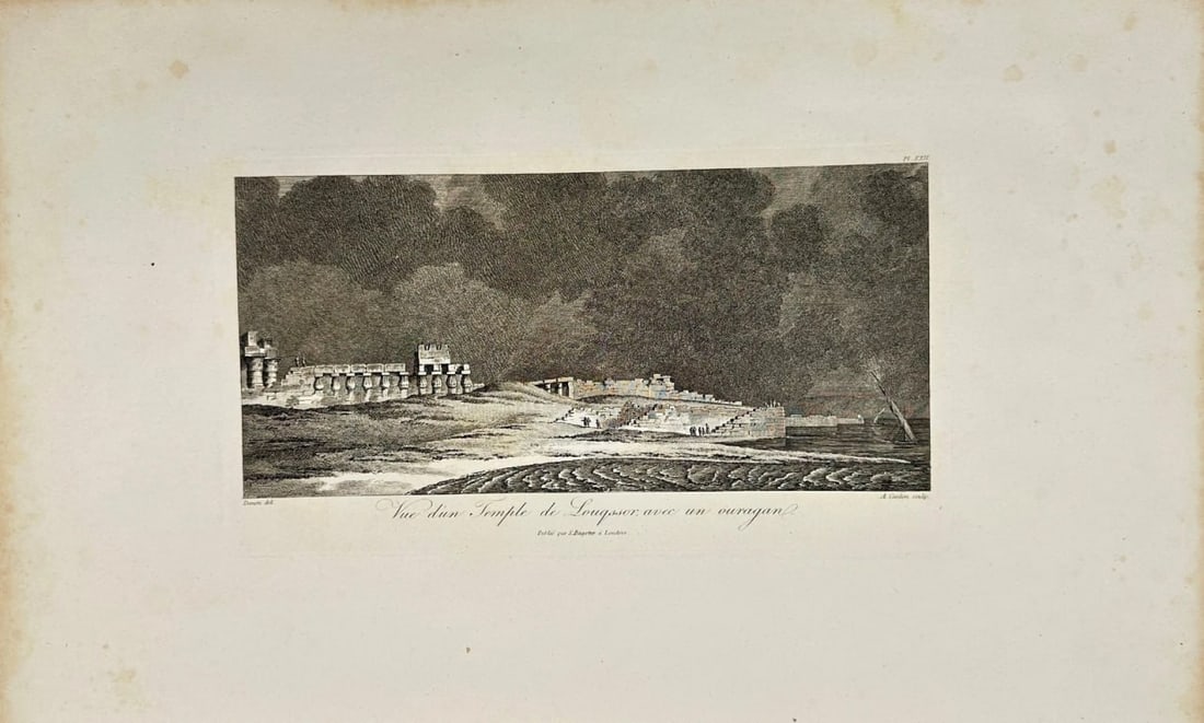 Dominique Vivant Denon – Vue d’un Temple de Sonquer avec une colonne – Engraving: This antique engraving by Dominique Vivant Denon illustrates a temple at Sonquer with a column, from his Voyage dans la Basse et la Haute Égypte, pendant les campagnes de Bonaparte published in Londo