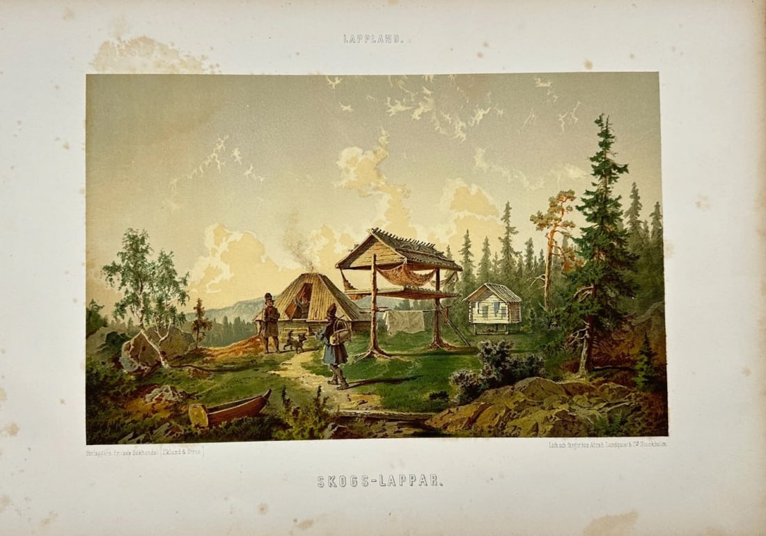 Nils Eklund & Johan Gustaf Giron – Skogs-Lappar – Chromolithograph: This original hand-coloured chromolithograph titled Skogs-Lappar (Forest Sámi) is part of the rare ethnographic series Lappar, produced in Stockholm in the early 1880s. The scene documents the everyd