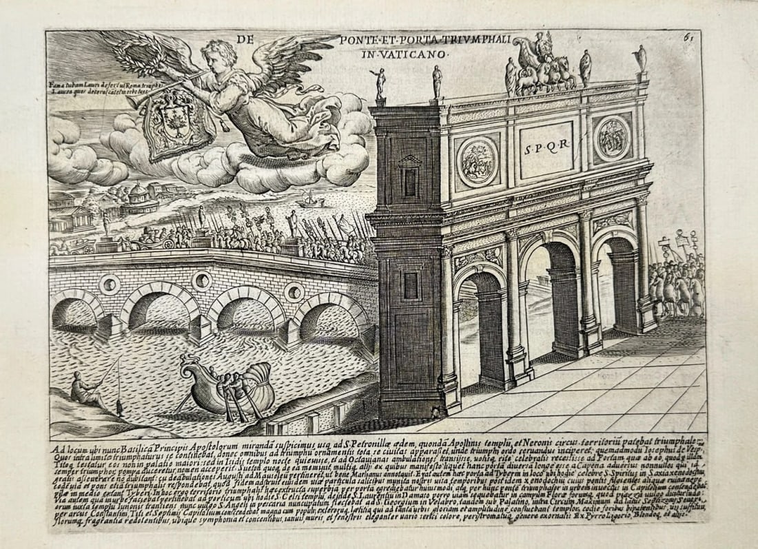 Giacomo Lauro – De Ponte et Porta Triumphali in Vaticano – Engraving: This engraving titled De Ponte et Porta Triumphali in Vaticano reconstructs a triumphal procession across a monumental Roman bridge and triumphal arch near the Vatican, imagined as part of an imperial