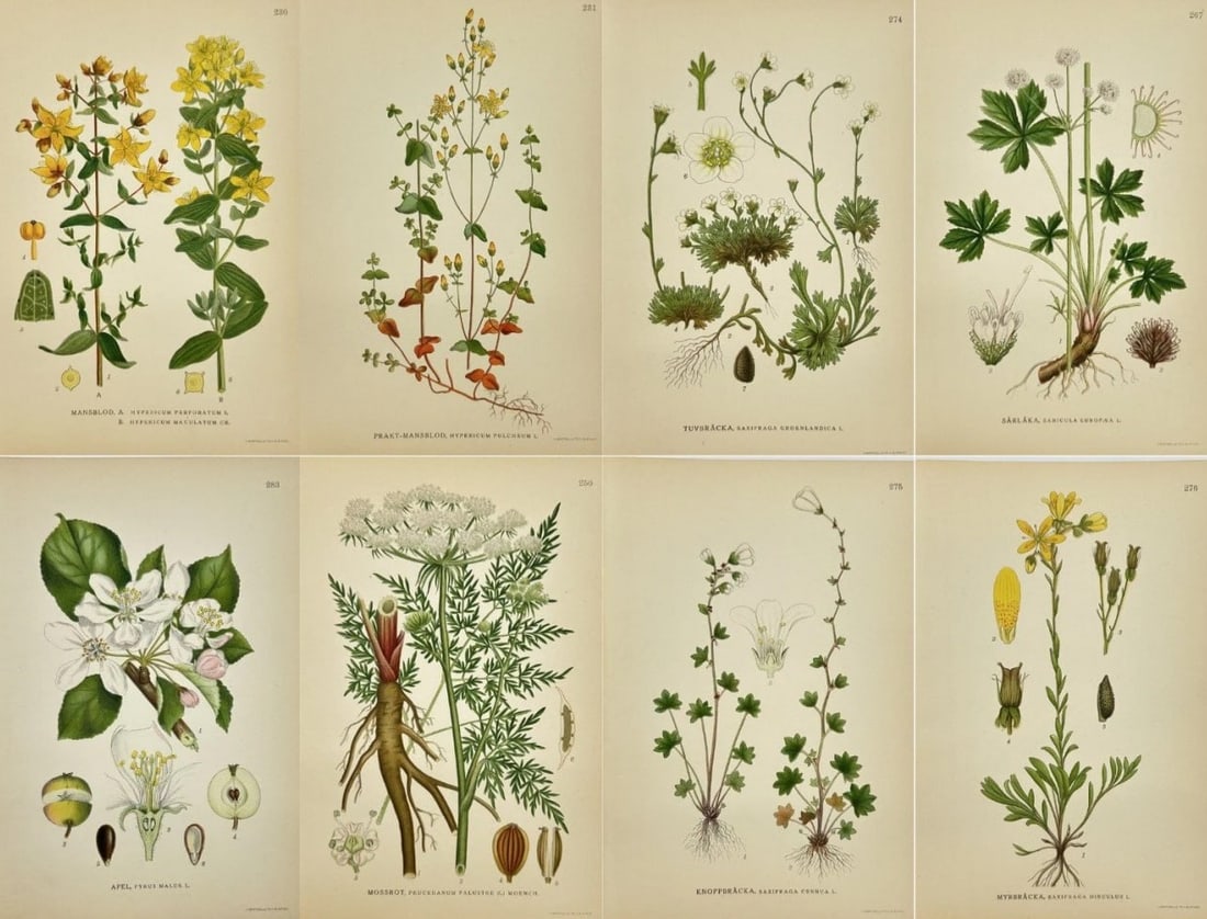 Carl Lindman – Set of 8 Botanical Prints – Chromolithography (1905) (1 of 9)