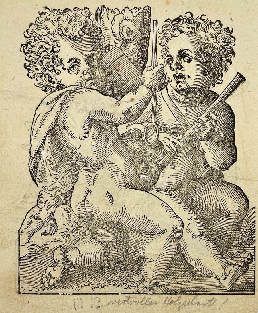 Jost Amman – Two Putti Playing Musical Instruments – Woodcut (1599) (1 of 2)