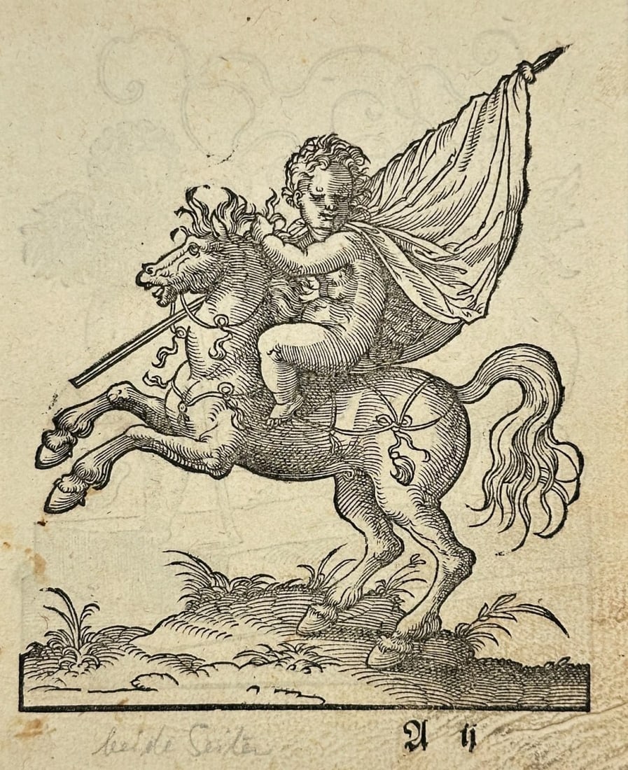 Jost Amman – Putto on Horseback with Banner – Woodcut from Kunstbüchlin (1599) (1 of 3)