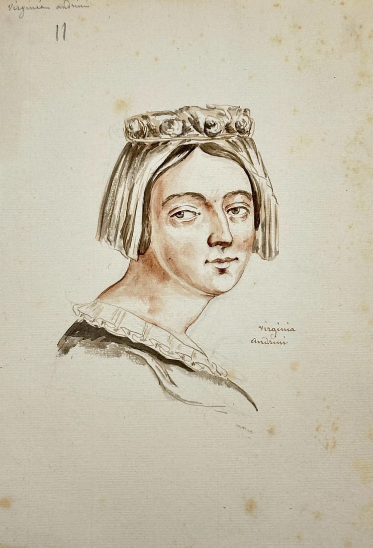 European School – Virginia – Watercolour Portrait of a Woman Wearing a Crown – Watercolour on: This delicate watercolour portrait depicts a young woman identified as "Virginia", rendered in a classical profile pose with soft modeling and muted earthy tones. Her head is adorned with a crown of s