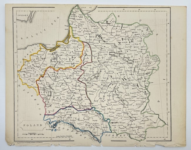 Francis Paul Becker – Antique Map – Poland – circa 1830s: This finely engraved map titled "Poland" was created by Francis Paul Becker and published in the early 1830s. It depicts the historical territory of Poland during the period following the Third Partit