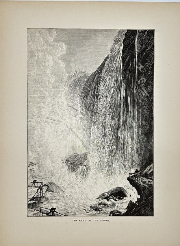 Wiliam Cullen Bryant - Antique Print - Cave of the Winds - Niagara Falls USA: This original antique wood engraving originates from Bruce, Oliver Bell & William Cullen Bryant’s work *Picturesque America; or, the Land We Live In. A Delineation by Pen and Pencil of the Mountains