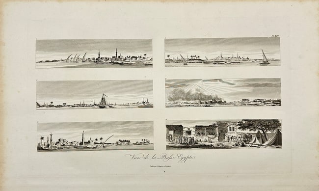 Dominique Vivant Denon - Antique Print - View of Shore and Ships - Egyp: This antique engraving titled *Vues de la Brase Egypter* is from Dominique Vivant Denon’s *Voyage dans la Basse et la Haute Égypte, pendant les campagnes de Bonaparte* ("Journey in Lower and Upper