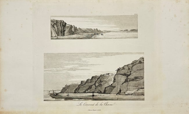 Dominique Vivant Denon - Antique Print - View of Shore and Ships - Egyp: This antique engraving titled *Le Couvent de la Chaine* is from Dominique Vivant Denon’s *Voyage dans la Basse et la Haute Égypte, pendant les campagnes de Bonaparte* ("Journey in Lower and Upper E