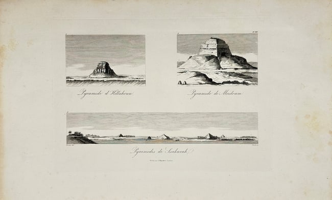 Dominique Vivant Denon - Antique Print - View of the pyramids - Egypt: This antique engraving titled *Pyramide & Hollabaun AA Pyramide de Madorum Pyramides de Saharnh* is from Dominique Vivant Denon’s *Voyage dans la Basse et la Haute Égypte, pendant les campagnes de
