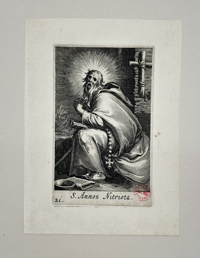 Boetius Adams Bolswert - Antique print - Saint Ammon of Nitria - Ammon Nitriota: This rare engraving originates from the series *Sacra Eremus Ascetriarum* by Boetius Adams Bolswert after Abraham Bloemaert, published in Antwerp in 1619. Boetius Adamsz. Bolswert (ca. 1580–1633) wa