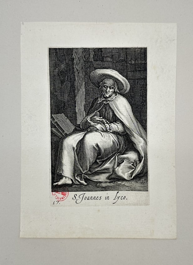 Boetius Adams Bolswert - Antique print - Saint John in Lycaonia - S. J. Apostle: This rare engraving originates from the series *Sacra Eremus Ascetriarum* by Boetius Adams Bolswert after Abraham Bloemaert, published in Antwerp in 1619. Boetius Adamsz. Bolswert (ca. 1580–1633) wa