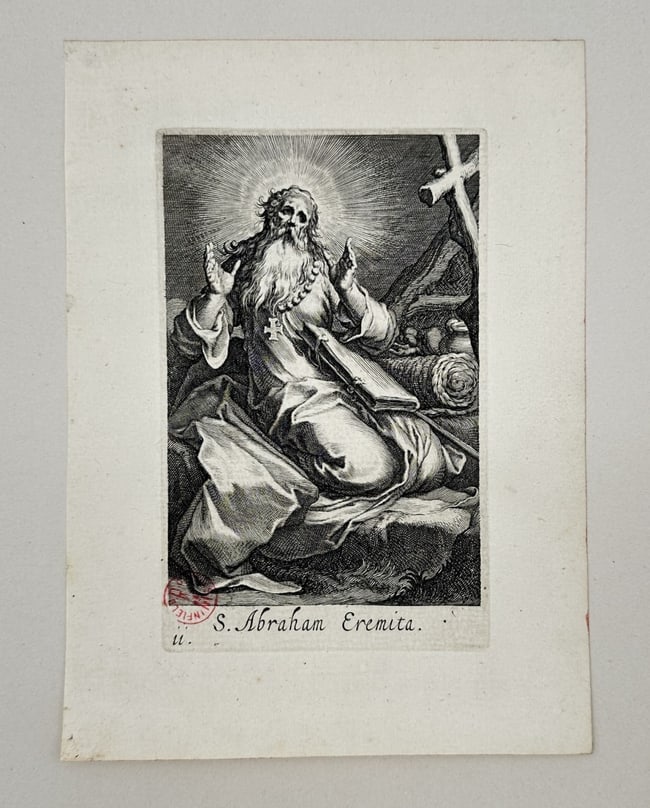 Antique print - Boetius Adams Bolswert - Saint Abraham the Hermit - A. Eremita: Rare engraving originates from series Sacra Eremus Ascetriarum by Boetius Adams Bolswert after Abraham Bloemaert, published in Antwerp, 1619. Provenance: The Winfield Robbins print collection of Arlin