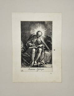 Antique print - Boetius Adams Bolswert - Saint Ephrem the Syrian Sanctus Ephrem: Rare engraving originates from series Sacra Eremus Ascetriarum by Boetius Adams Bolswert after Abraham Bloemaert, published in Antwerp, 1619. Provenance: The Winfield Robbins print collection of Arlin