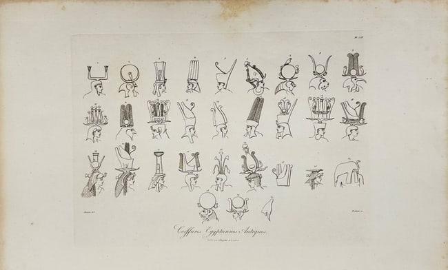 Dominique Vivant Denon (1747–1825) – Portraits of Egyptian Pharaohs – Engraving (1809): This original antique engraving, titled Coiffures Égyptiennes Lateguns, presents detailed studies of pharaonic headgear and portrait features, offering a rare visual reference to ancient Egyptian roy