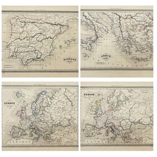 Felix Delamarche (fl. early 19th century) – Set of 4 Antique Maps: This set of 4 hand-coloured maps originates from Felix Delamarche’s Universal Atlas of Ancient and Modern Geography for Residential Schools, published in France in 1838. The maps illustrate regions 