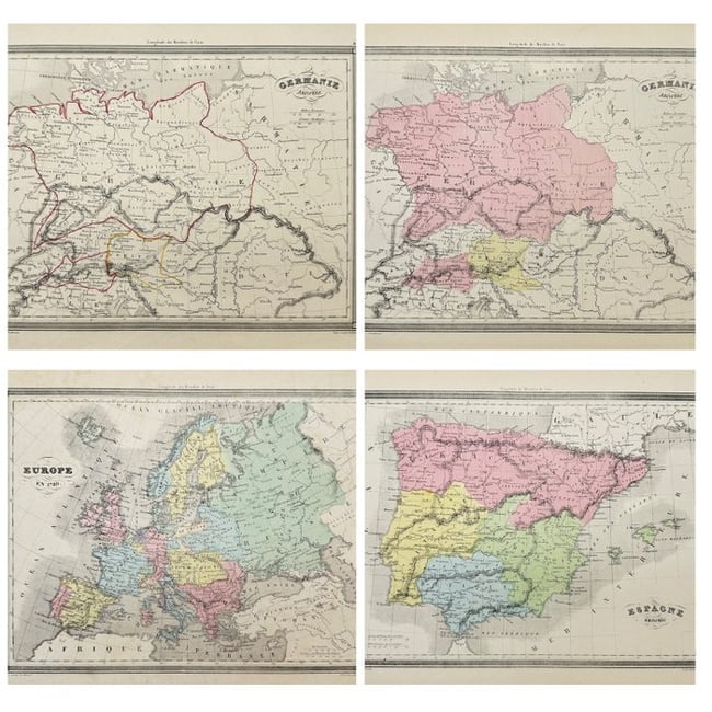 Felix Delamarche (fl. early 19th century) – Set of 4 Antique Maps: This set of 4 hand-coloured maps originates from Felix Delamarche’s Universal Atlas of Ancient and Modern Geography for Residential Schools, published in France in 1838. The selection includes maps 