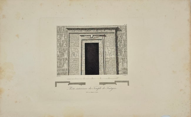 Dominique Vivant Denon (1747–1825) – Temple of Isis Doorway, Dendera / Threshold – Engraving: This copperplate engraving, created around 1801, depicts the richly adorned doorway of the Temple of Isis in Dendera, Upper Egypt. The sacred portal, framed by hieroglyphs and divine figures, leads in