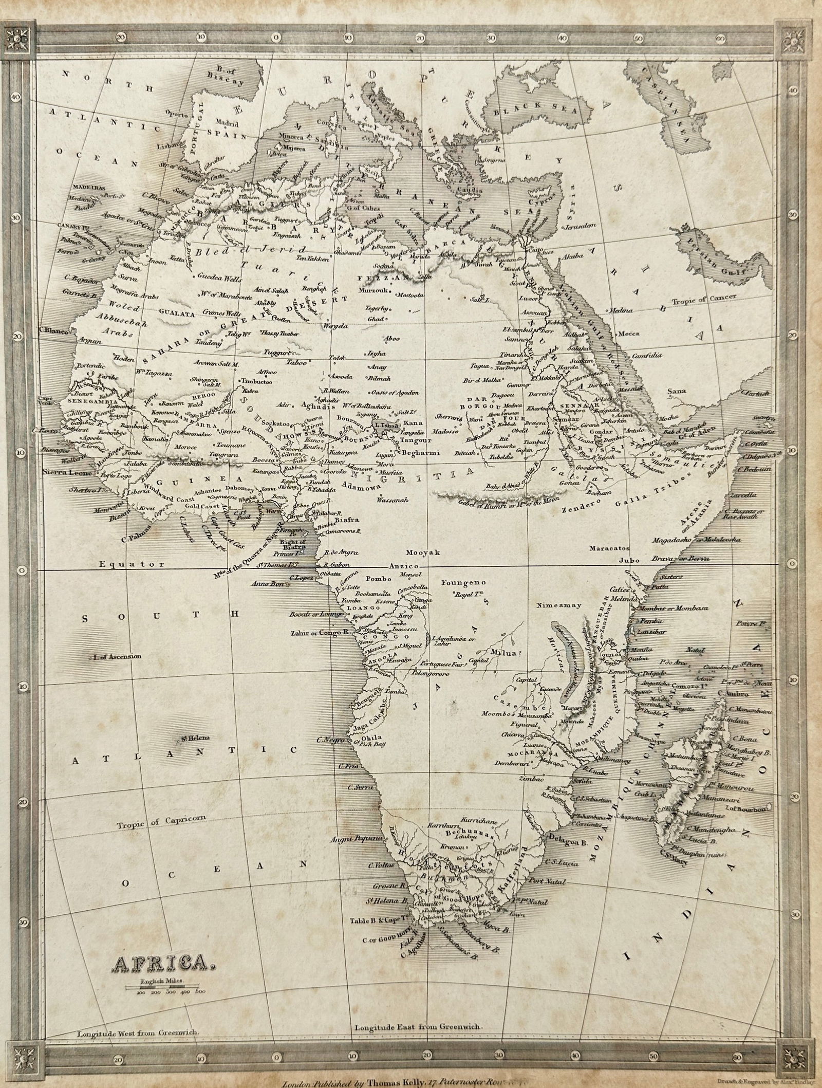 Thomas Kelly – Map of Africa – Engraving (Mid-19th Century): This detailed engraved map of Africa was published by Thomas Kelly in London during the mid-19th century. It presents a European perspective on the geography of the African continent at a time when mu