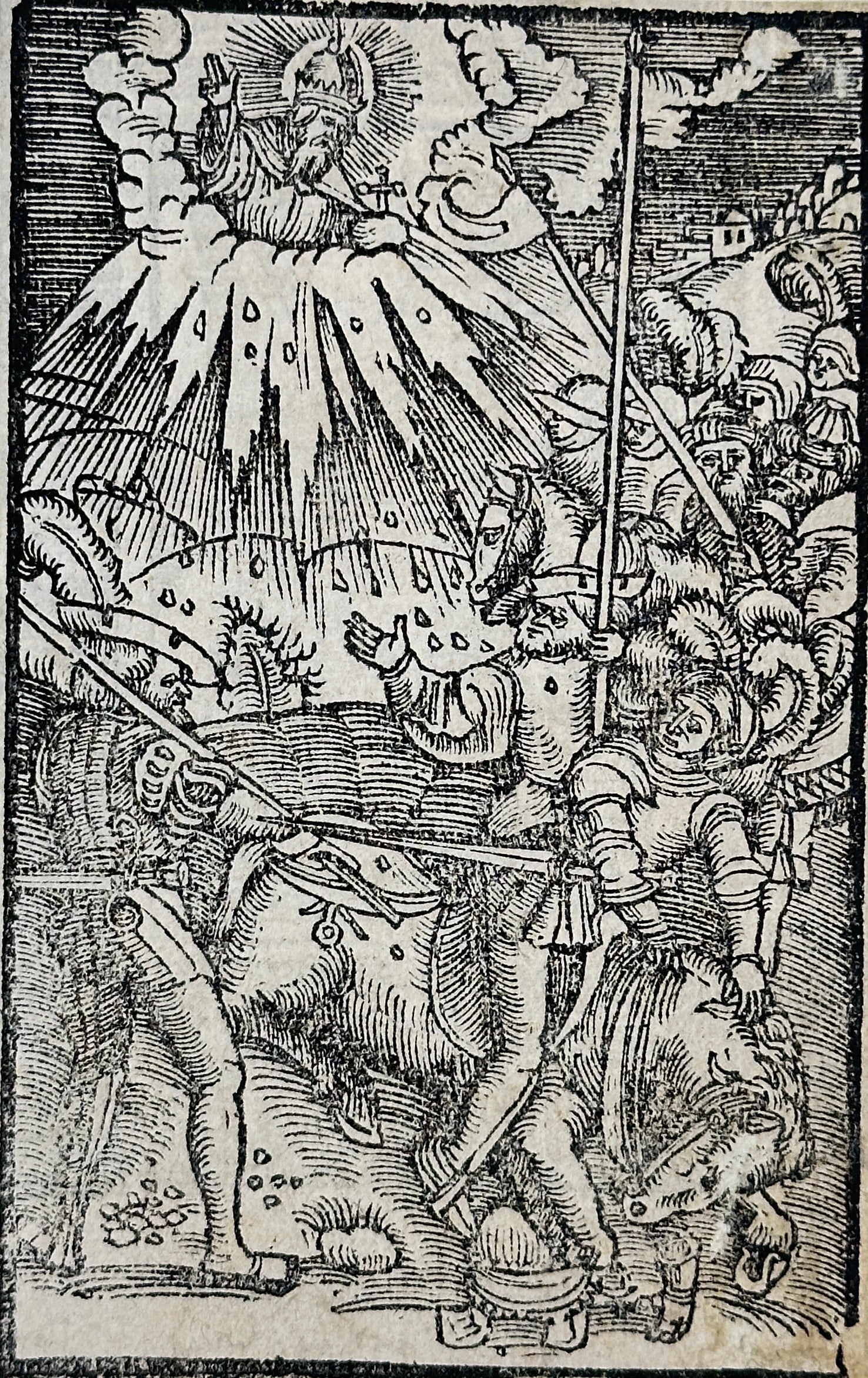 Unknown Artist – Saint George Slaying the Dragon – Early German Woodcut (16th Century): This dramatic early woodcut depicts Saint George in full armor mounted on horseback, piercing the dragon with a long lance as divine rays emanate from the heavens above. In the sky, God the Father app