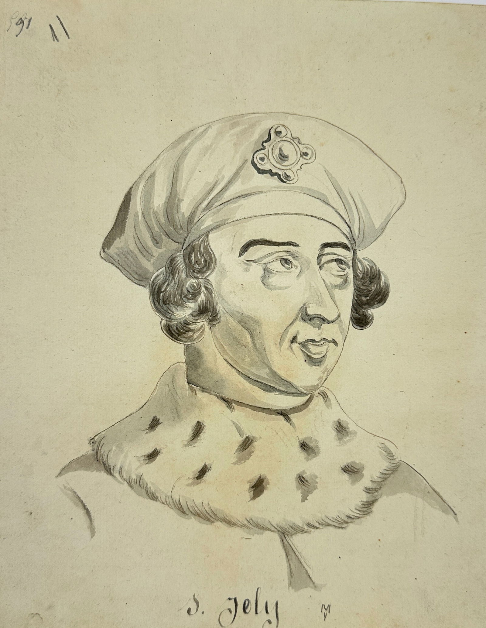 European School – Portrait of a Man in Ermine Cape and Beret – Ink and Wash Drawing (19th (1 of 2)