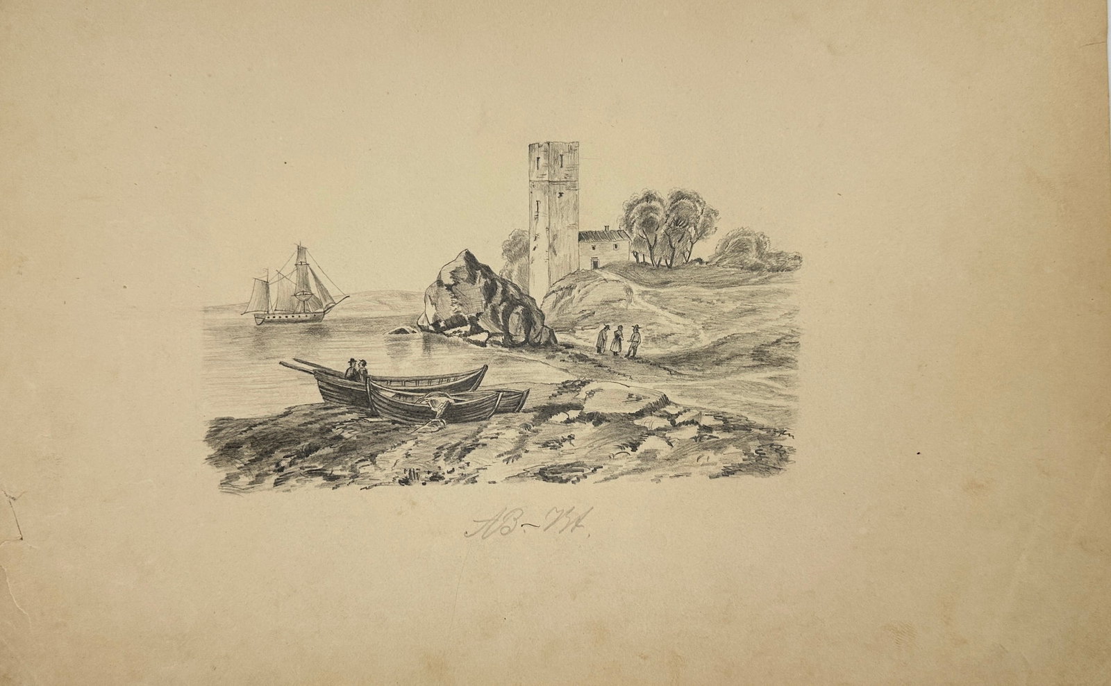 Unknown – Pencil Drawing – Coastal Scene with Boats and Tower (19th Century) (1 of 2)