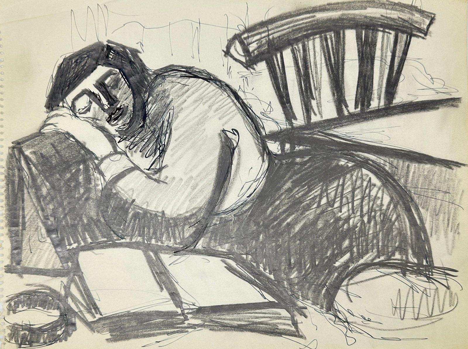 Unknown – Charcoal Drawing – Sleeping Woman at a Desk (Mid-20th Century): This expressive charcoal drawing portrays a woman asleep at a desk, her head resting on folded arms beside an open book. Executed with bold, gestural lines and heavy shading, the composition emphasize