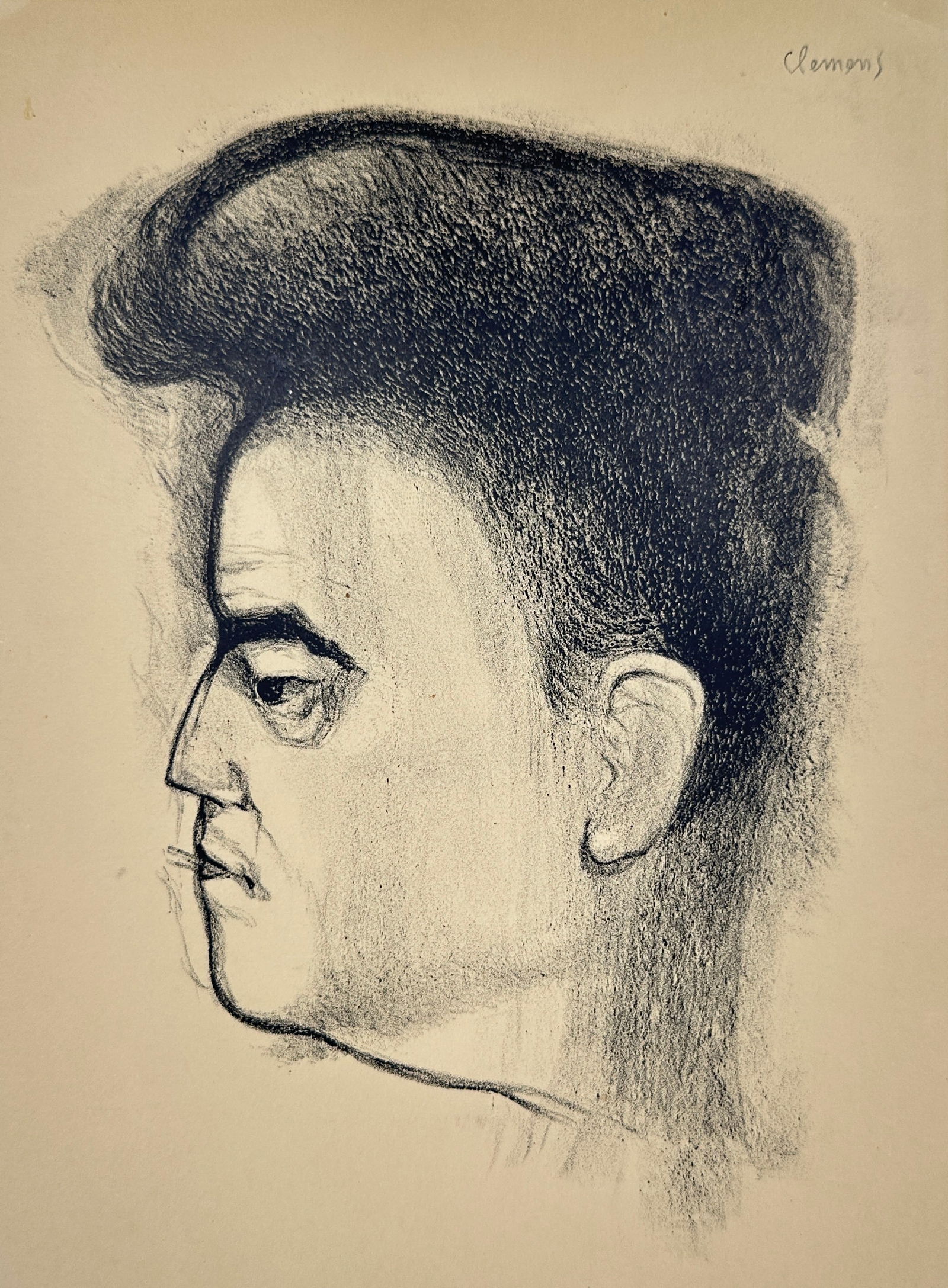 Curt Clemens – Charcoal Portrait Drawing – Profile of a Man with Stylized Hair (1 of 2)