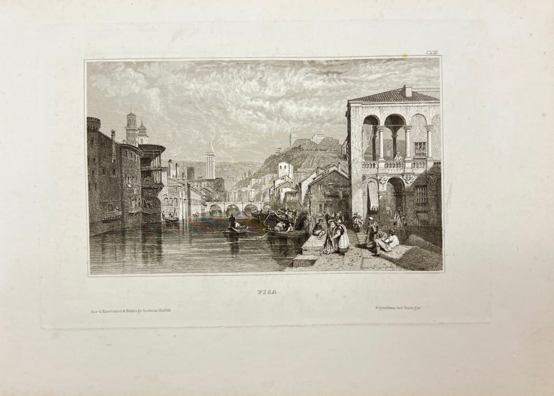 Karl Reiss – View of Pisa – Lithograph (c.1850): This finely executed antique lithograph depicts a detailed view of Pisa, Italy, showcasing architectural landmarks and the surrounding landscape. Created by Karl Reiss, a 19th-century German artist re