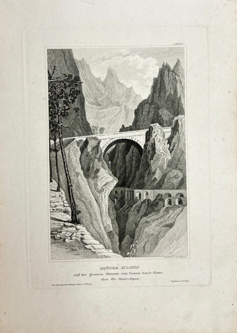 Karl Reiss – Bridge Saint-Louis on the Road from Genoa to Nice – Lithograph: This finely detailed antique lithograph depicts the Bridge Saint-Louis on the road from Genoa to Nice. Created by Karl Reiss, a 19th-century German artist known for his realistic and atmospheric lands