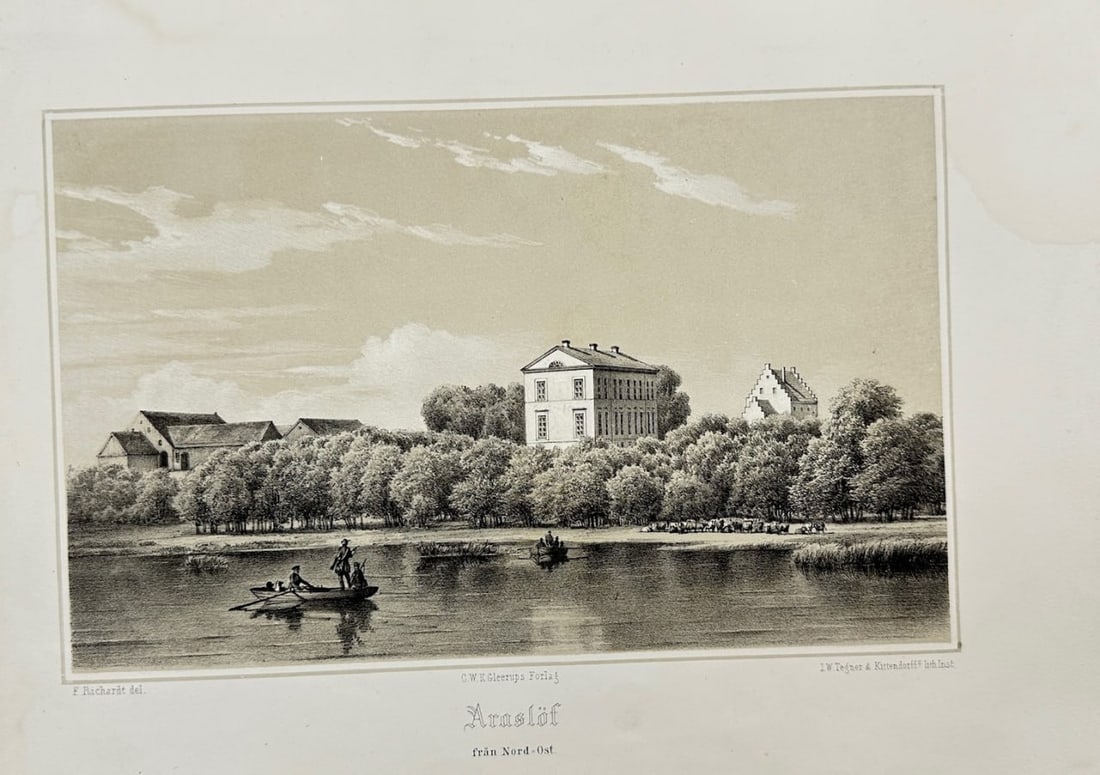 Ferdinand Richardt (1819–1895) – Araslöf Från Nord-Ost – Chromolithograph (1863): This chromolithograph is from Ferdinand Richardt’s book Skånska Herregårdar (Scanian Manors), published in Sweden in 1863. The print depicts Araslöf manor from the northeast with fine detail and 