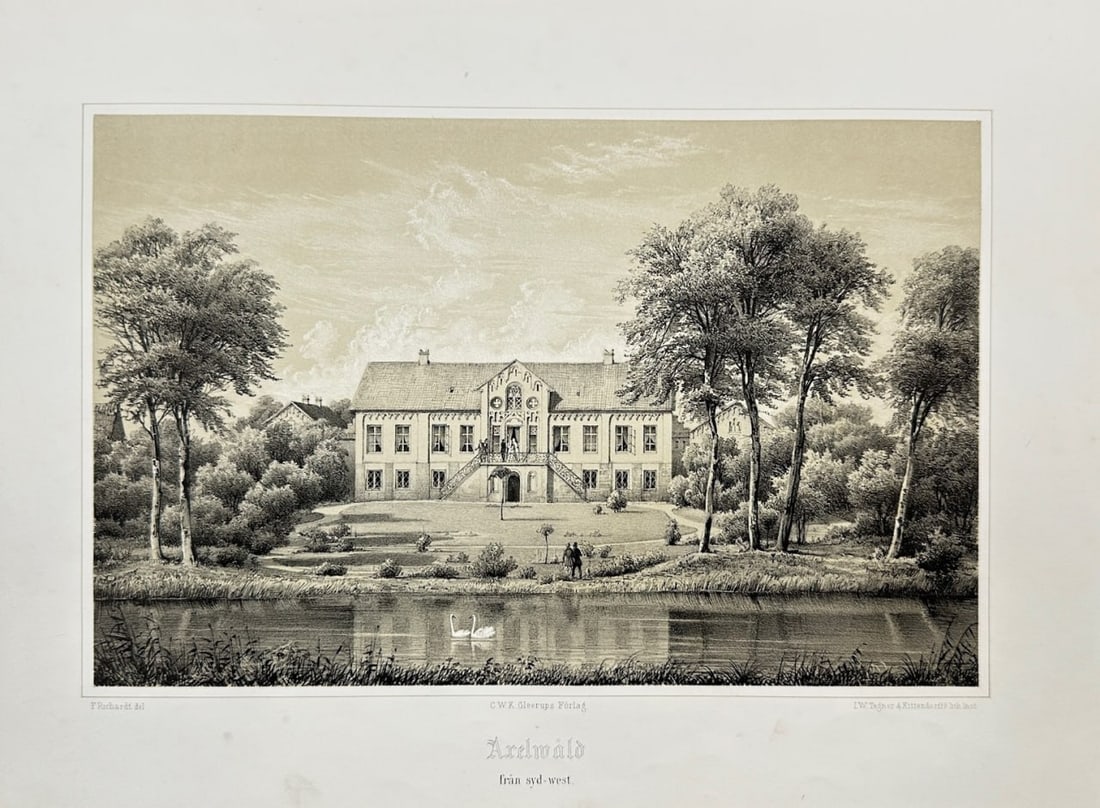 Ferdinand Richardt (1819–1895) – Arelwald from the South-West – Chromolithograph (1863): This chromolithograph from Ferdinand Richardt’s Skånska Herregårdar (Scanian Manors) series shows Arelwald manor viewed from the southwest. Published in Sweden in 1863, the work highlights Richard