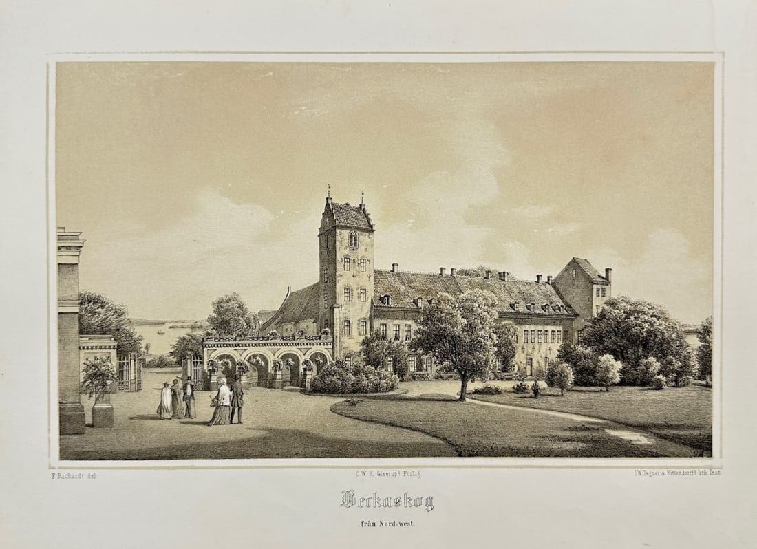 Ferdinand Richardt (1819–1895) – Bäckaskog Castle, Sweden – Chromolithograph (1863): This chromolithograph depicting Bäckaskog Castle in Sweden is part of Ferdinand Richardt’s Skånska Herregårdar (Scanian Manors), published in 1863. Known for his romanticized yet precise portraya