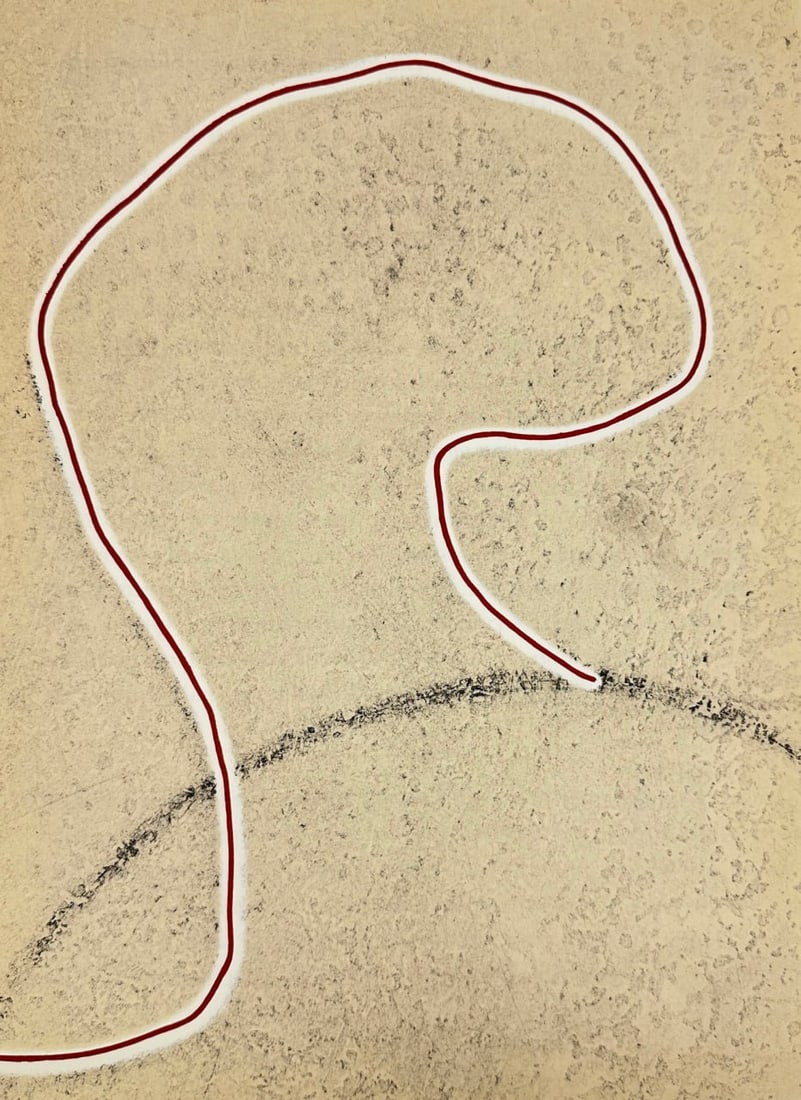 Pol Bury (1922–2005) – Red and Black Line Composition – Lithograph: This minimalist lithograph by Pol Bury displays his characteristic exploration of space and abstract line work. The composition is marked by a single sweeping red line intertwined with a bold black cu