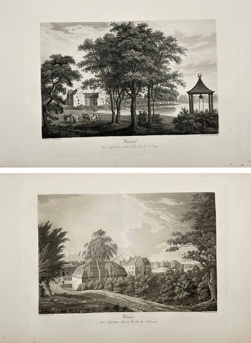 Ulrik & Thora Thresher - Set of 2 Prints - Wanas Castle - Sweden Landscape: These topographical prints by Ulrik Thresher originate from Fordna och närvarande Sverige (La Suède ancienne et moderne), an ambitious visual chronicle of Sweden's historic and contemporary landscap