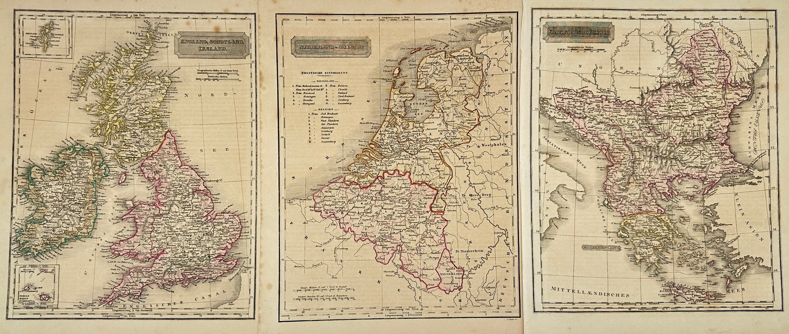 Franz Biller – Set of 3 Engraved Maps – British Isles, Western Germany, and the Balkans with (1 of 3)