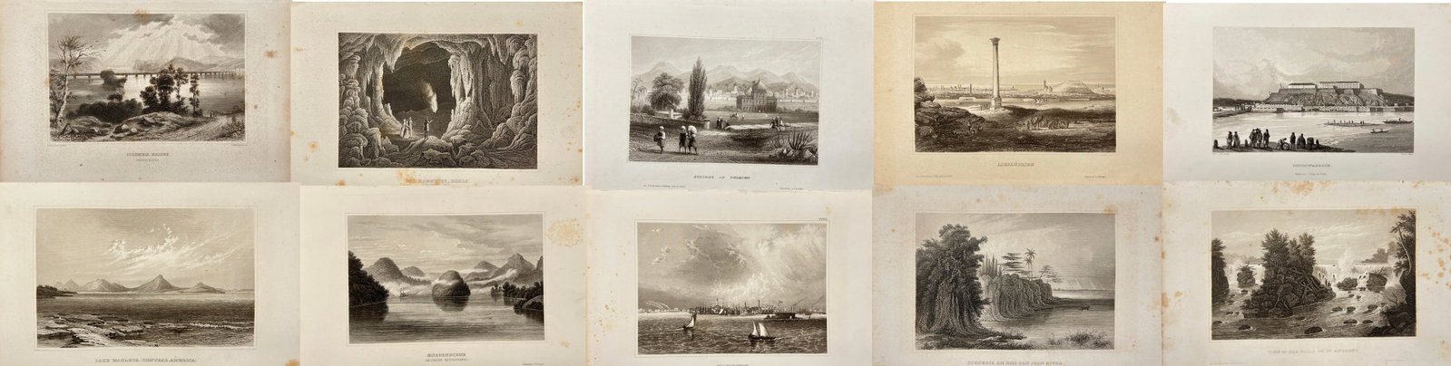 Carl Joseph Meyer and Emil Ender - Set of 10 Antique Prints – North American: This set includes ten antique prints and engravings featuring landscapes and cityscapes across North America, Central America, the Middle East, and Russia. Highlights include Columbia Bridge (Susqueha