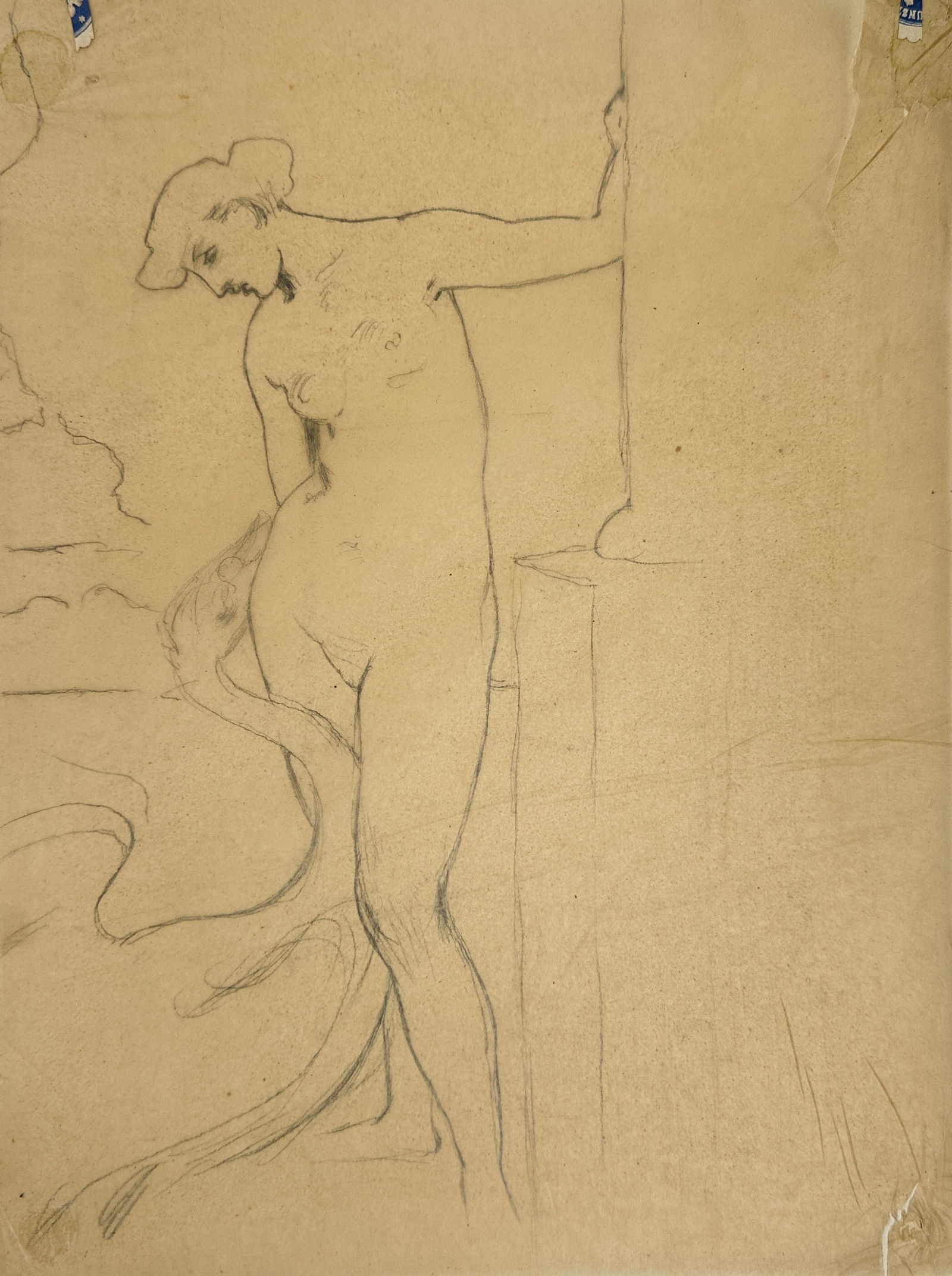 Anonymous – Reclining Female Nude – Pencil Drawing on Tracing Paper (Early 20th Century): This delicate academic sketch depicts a reclining nude female figure drawn in pencil on aged tracing paper. The confident, fluid lines suggest a study from life or a preparatory drawing for a larger c