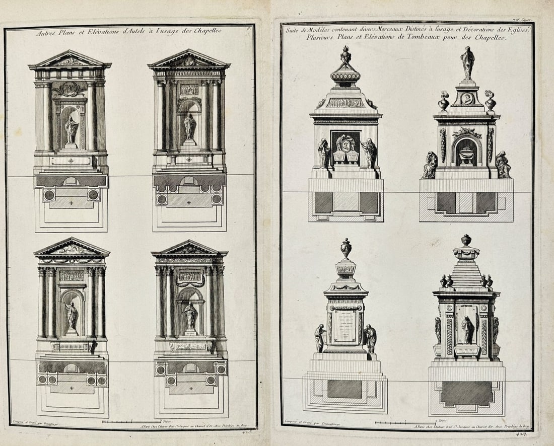 Jean-François de Neufforge – Set of 2 Architectural Plates – Tomb Design – Engravings 1770 (1 of 3)