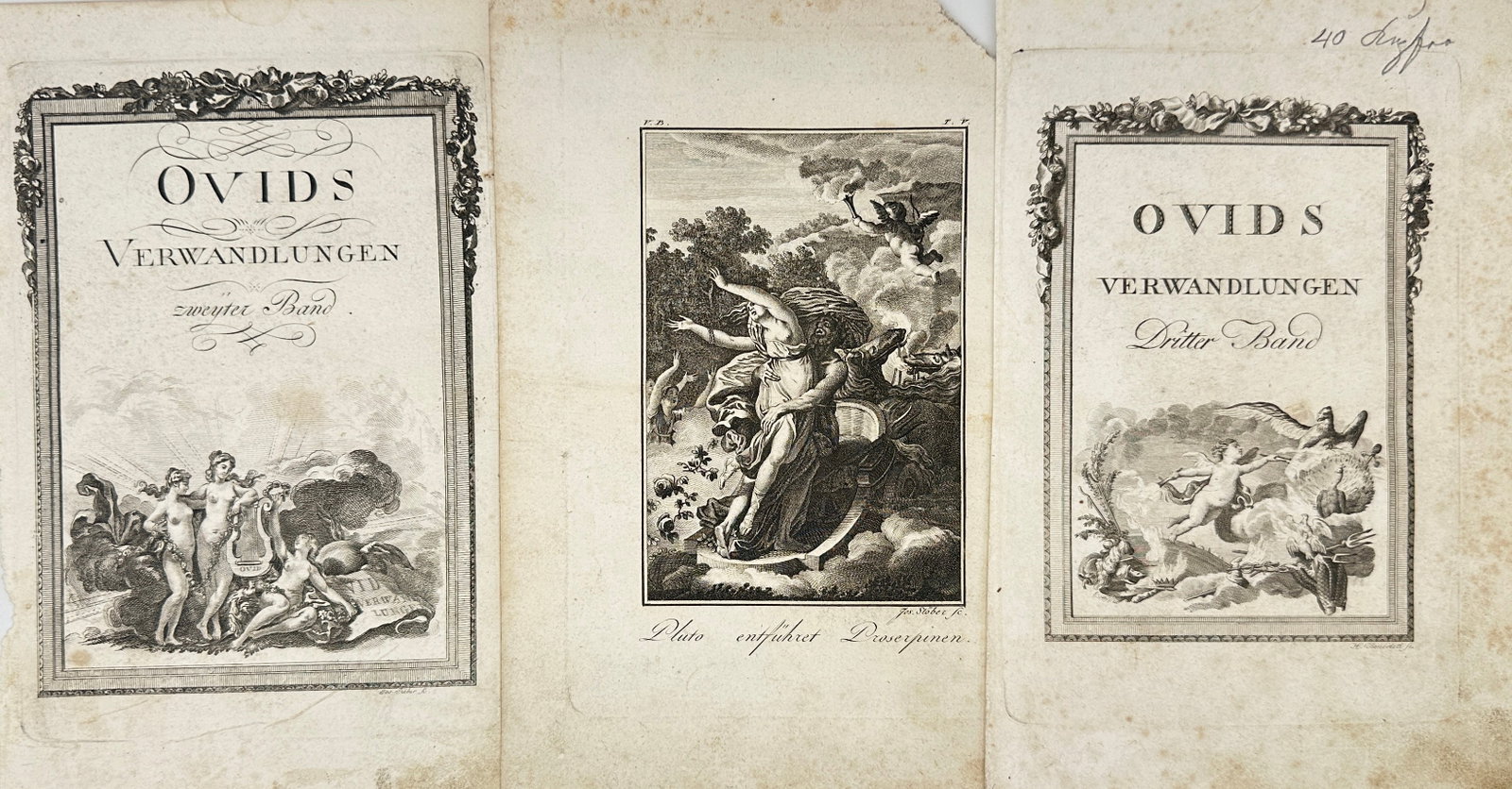 Joseph Stöber – Set of 3 Engraved Title Pages – Ovids Verwandlungen – Classical Mythology: This set features three antique engraved title pages and an allegorical frontispiece from a German edition of Ovid's Metamorphoses, titled Ovids Verwandlungen. Two title pages (for volumes two and thr