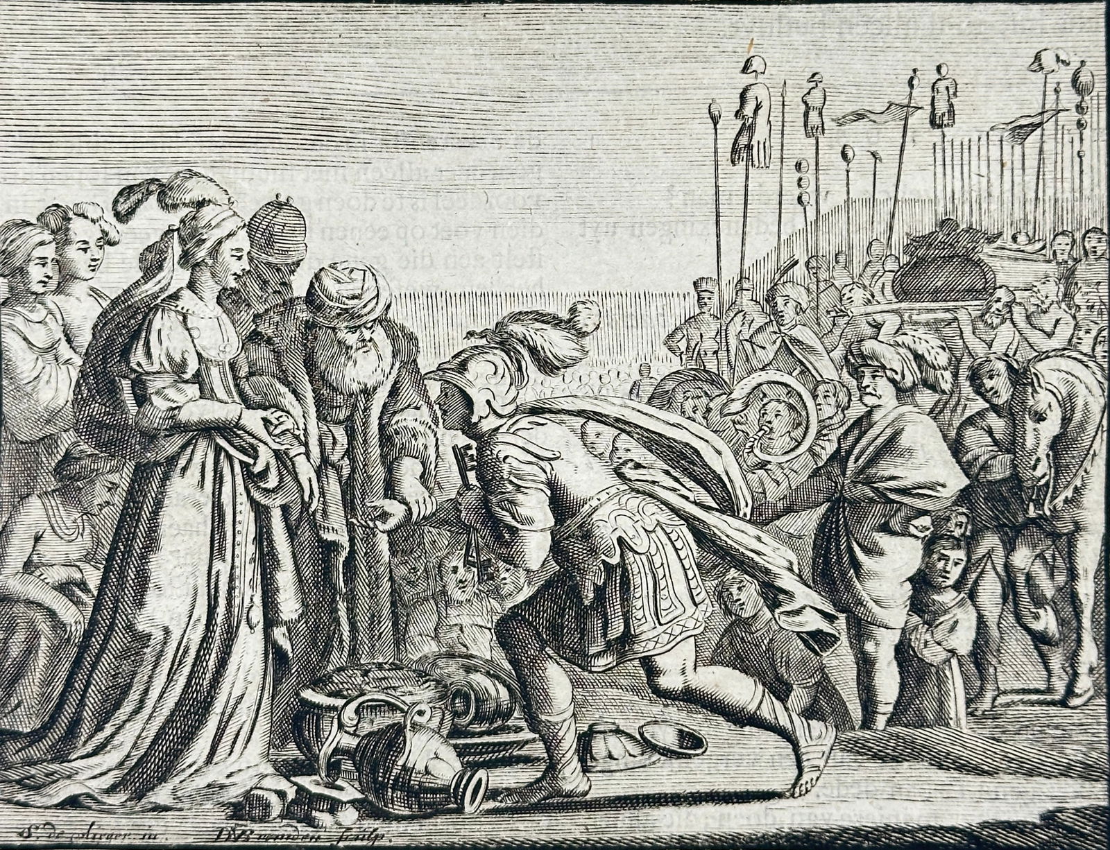 Jacob Cats (1577–1660) – The Hero's Tribute Before the Bride – Engraving (ca. 1640): This emblematic engraving portrays a victorious warrior presenting spoils of war to a noble maiden and her family, a scene rich in allegorical meaning. The composition reflects ideals of virtuous conq